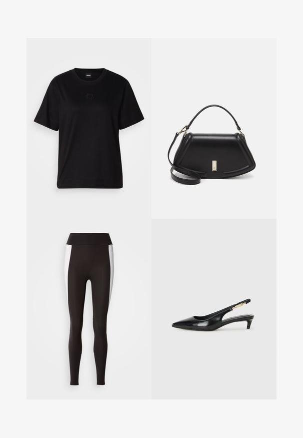 Zwarte katoenen t-shirt met een ronde hals, korte mouwen en een geborduurd logo op de borst. Eenvoudige, comfortabele pasvorm zonder patronen.; Zwarte leggings met een brede tailleband, voorzien van witte zijpaneelaccenten. Gemaakt van rekbare stof met een gladde textuur en een nauwsluitende pasvorm.; Zwarte leren slingback hakken met een spitse neus, voorzien van een slanke hak en een goudkleurige accent op de verstelbare band. Gladde textuur.; Zwarte leren handtas met een gestructureerd ontwerp, featuring een verkorte vorm, bovenhandvat en gouden hardwareaccent. Inclusief verstelbare schouderband.