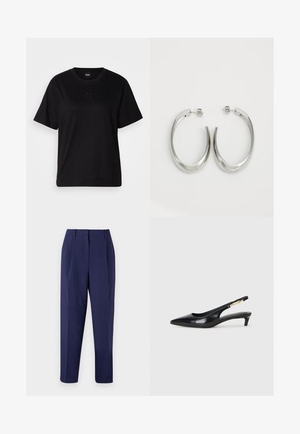 Melna kokvilnas T-krekls ar apaļu izgriezumu, īsām piedurknēm un izšūtu logotipu uz krūtīm. Vienkāršs, brīvs piegriezums bez rakstiem.; Jūras spēku bikses ar pielāgotu dizainu. Iekļauj priekšējos krokas, gludu tekstūru un taisnas kājas griezumu. Nav redzamu kabatu vai rotājumu.; Melnas ādas slingback zābaki ar smailu purngalu, ar šauru papēdi un zelta krāsas akcentu uz regulējama siksniņas. Gluda tekstūra.; Sudraba riņķveida auskari ar gludu, izliekta dizaina formu. Iezīmējas ar spīdīgu metāla apdari un pievienojamu aizdari. Nav redzamu rakstu vai akcentu.