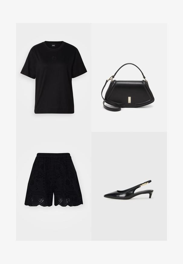 Juodas medvilninis marškinėliai su apvalia iškirpte, trumpomis rankovėmis ir siuvinėjimu ant krūtinės. Paprastas, laisvas siluetas be raštų.; Juodi šortai su sudėtingais išsiuvinėtais išpjovos raštais, neryškiu kraštu ir elastinga liemene patogumui.; Juodas odinis pavasario batelių modelis su smailiu nosiu, turintis siaurą kulniuką ir auksinės spalvos akcentu reguliuojamoje juostoje. Lygi tekstūra.; Juoda odinė rankinė su struktūrizuotu dizainu, turi trumpą formą, viršutinę rankeną ir auksinius akcentus. Pridėtas reguliuojamas peties diržas.