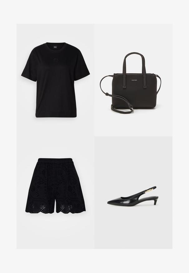 Musta puuvillapaita, jossa on pyöreä kaula-aukko, lyhyet hihat ja brodeerattu logo rinnassa. Yksinkertainen, rento istuvuus ilman kuvioita.; Mustat shortsit, joissa on monimutkaisia brodeerattuja leikattuja kuvioita, aaltoreunus ja elastinen vyötärö mukavuutta varten.; Mustat nahkaiset slingback-korkokengät, joissa on terävä kärki, ohuet korot ja kultasävytteinen yksityiskohta säädettävässä hihnassa. Silkkinen pinta.; Musta käsilaukku, jossa on kaksinkertaiset lyhyet kahvat ja irrotettava olkahihna. Silkkinen nahkatunneinen materiaali, jossa on vetoketjukiinnitys ja logoyksityiskohta.