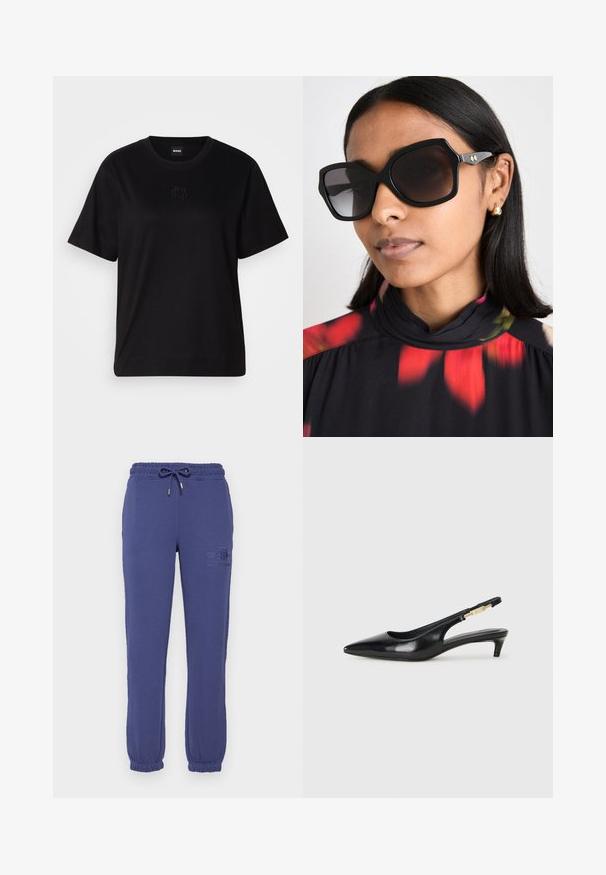 Camiseta de algodón negra con cuello redondo, mangas cortas y un logo bordado en el pecho. Ajuste simple y relajado sin patrones.; GANT TONAL SHIELD - Pantalones deportivos - dusty navy; Tacones negros de piel sintética tipo slingback con punta afilada, que cuentan con un tacón delgado y un detalle en tono dorado en la correa ajustable. Textura suave.; Gafas de sol negras de gran tamaño con una montura geométrica, lentes oscuros y detalles en tono dorado, llevadas con una blusa de estampado floral y cuello alto.