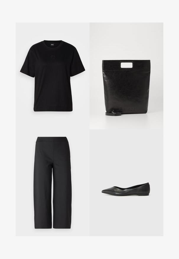 T-shirt en coton noir avec un col rond, des manches courtes et un logo brodé sur la poitrine. Coupe simple et décontractée sans motifs.; Pantalons larges noirs avec une taille élastique. Fabriqués dans un tissu lisse et extensible. Sans poches ni coutures visibles. Design épuré et minimaliste.; Ballerines en cuir noir avec un bout pointu, un talon bas et une texture lisse. Design minimal avec une subtile accent latéral.; Sac fourre-tout en cuir noir avec une poignée carrée, arborant une finition texturée et un logo en relief. Comprend une bandoulière amovible.