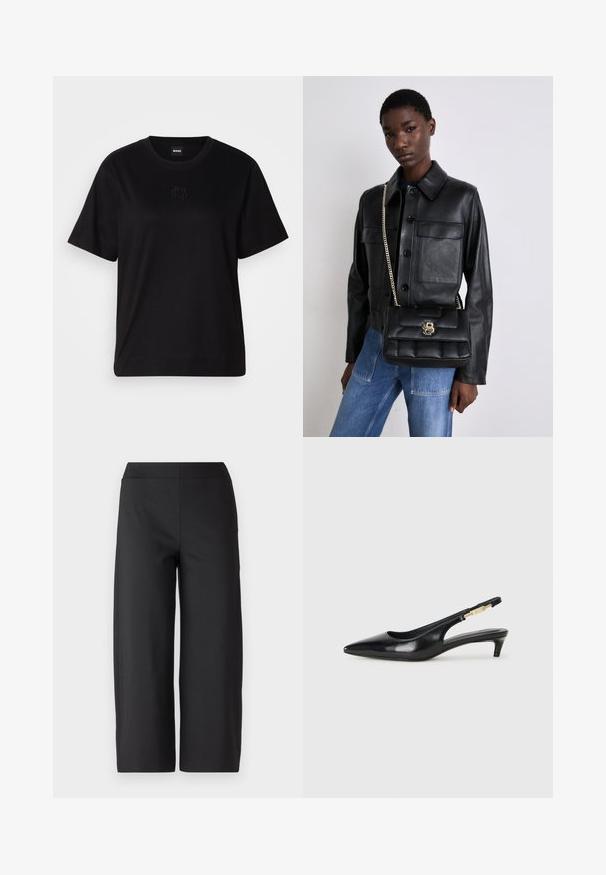 Zwarte katoenen t-shirt met een ronde hals, korte mouwen en een geborduurd logo op de borst. Eenvoudige, comfortabele pasvorm zonder patronen.; Zwarte wijde broek met een elastische tailleband. Gemaakt van een gladde, rekbare stof. Geen zakken of zichtbare naden. Eenvoudig, minimalistisch ontwerp.; Zwarte leren slingback hakken met een spitse neus, voorzien van een slanke hak en een goudkleurige accent op de verstelbare band. Gladde textuur.; Zwarte leren jack met knoopsluiting en twee voorzakken, gecombineerd met een zwarte gevoerde handtas met een gouden sluiting en kettingriem.