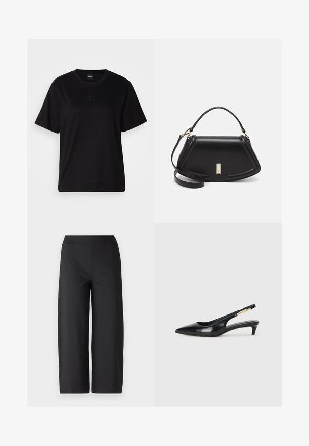 Juodas medvilninis marškinėliai su apvalia iškirpte, trumpomis rankovėmis ir siuvinėjimu ant krūtinės. Paprastas, laisvas siluetas be raštų.; Juodos plačios kelnės su elastinga juosmens juosta. Pagamintos iš lygaus, elastingo audinio. Be kišenių ar matomų siūlių. Švarus, minimalistinis dizainas.; Juodas odinis pavasario batelių modelis su smailiu nosiu, turintis siaurą kulniuką ir auksinės spalvos akcentu reguliuojamoje juostoje. Lygi tekstūra.; Juoda odinė rankinė su struktūrizuotu dizainu, turi trumpą formą, viršutinę rankeną ir auksinius akcentus. Pridėtas reguliuojamas peties diržas.