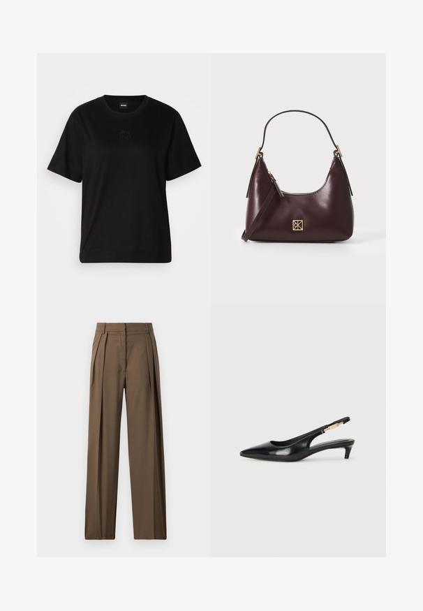 Mustmust särk, millel on ümar kaelus, lühikesed varrukad ja tindiga tikitud logo rinnal. Lihtne, mugav lõige ilma mustriteta.; Pruunid, laiad püksid, mis on valmistatud siledast kangast, esifoldsid ja kohandatud vöökoht, mis annavad struktureeritud ilme.; Mustad nahast slingback kontsad terava ninaga, millel on õhuke konts ja kuldse tooni aktsent reguleeritaval rihmal. Sile tekstuur.; Burgundi värvi nahast käekott, millel on kumer kuju, kuldsed aksessuaarid ja lukuga sulgemine. Omab eemaldatavat õlarihma.