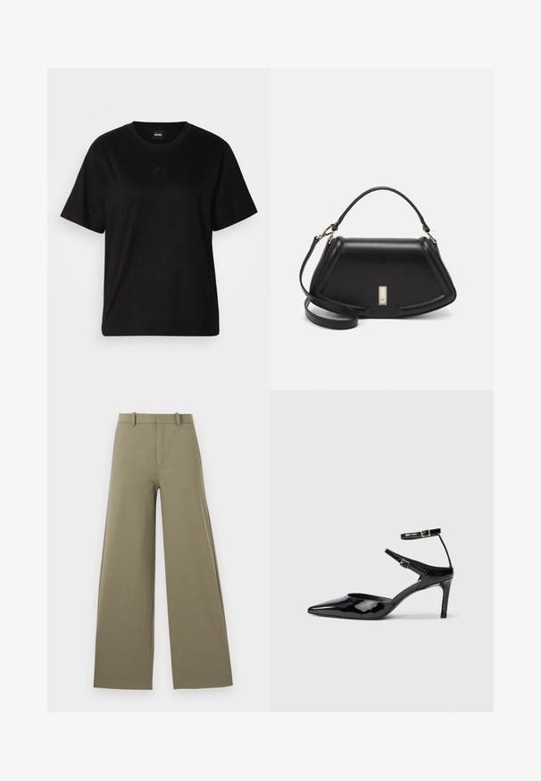 Schwarzes Baumwoll-T-Shirt mit Rundhalsausschnitt, kurzen Ärmeln und aufgesticktem Logo auf der Brust. Einfacher, lässiger Schnitt ohne Muster.; Helle olivfarbene, weit geschnittene Hose mit glatter Textur, ausgestattet mit einem Reißverschluss vorne, Gürtelschlaufen und zwei seitlichen Taschen.; Schwarze Lacklederabsätze mit spitzer Zehenpartie, verstellbaren Knöchelriemen und einem schlanken Absatz. Glatte Textur mit glänzender Oberfläche.; Schwarze Lederhandtasche mit einem strukturierten Design, das eine verkürzte Form, einen oberen Griff und goldfarbene Hardware-Details aufweist. Verstellbarer Schulterriemen ist enthalten.