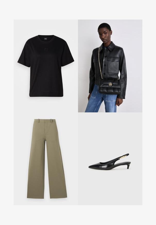Zwarte katoenen t-shirt met een ronde hals, korte mouwen en een geborduurd logo op de borst. Eenvoudige, comfortabele pasvorm zonder patronen.; Lichtgroene wijde broek met een gladde textuur, voorzien van een voorrits, ceintuurlussen en twee zijzakken.; Zwarte leren slingback hakken met een spitse neus, voorzien van een slanke hak en een goudkleurige accent op de verstelbare band. Gladde textuur.; Zwarte leren jack met knoopsluiting en twee voorzakken, gecombineerd met een zwarte gevoerde handtas met een gouden sluiting en kettingriem.