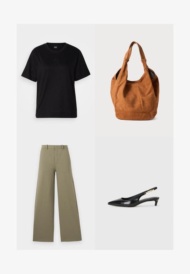 Črna bombažna majica s krožnim izrezom, kratkimi rokavi in izvezenim logotipom na prsih. Preprosta, sproščena silhueta brez vzorcev.; Svetlo olivni široki hlače z gladko teksturo, ki imajo sprednji zadrgo, pasne zanke in dva stranska žepa.; Črne usnjene sandale na peto z ostro konico, ki imajo tanko peto in zlat ton na nastavljivem traku. Gladka tekstura.; Rjava semiš torba za ramo z mehkobo, ukrivljeno obliko in dvema ročajema. Ima minimalen dizajn brez vidnih kovinskih delov ali okrasnih elementov.