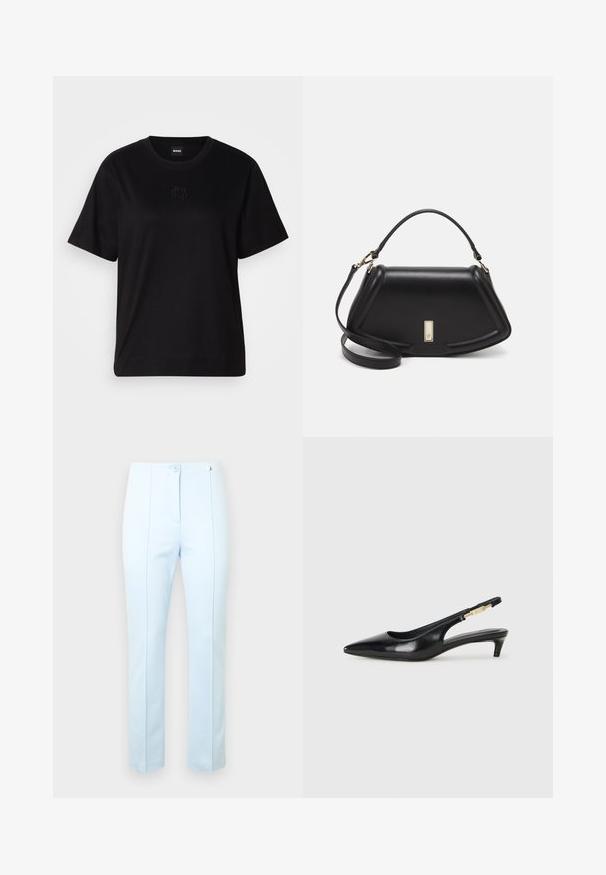 Black cotton t-shirt with a crew neckline, short sleeves, and an embroidered logo on the chest. Simple, relaxed fit with no patterns.; Light blue tailored pants with a smooth texture, featuring two front buttons, side pockets, and subtle vertical seams for shaping.; Black leather slingback heels with a pointed toe, featuring a slim heel and a gold-tone accent on the adjustable strap. Smooth texture.; Black leather handbag with a structured design, featuring a cropped shape, top handle, and gold hardware accent. Adjustable shoulder strap included.