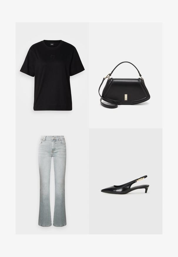 Black cotton t-shirt with a crew neckline, short sleeves, and an embroidered logo on the chest. Simple, relaxed fit with no patterns.; Light blue flared jeans with a high waist, made from denim. Features a button closure, five pockets, and subtle fading for texture.; Black leather slingback heels with a pointed toe, featuring a slim heel and a gold-tone accent on the adjustable strap. Smooth texture.; Black leather handbag with a structured design, featuring a cropped shape, top handle, and gold hardware accent. Adjustable shoulder strap included.