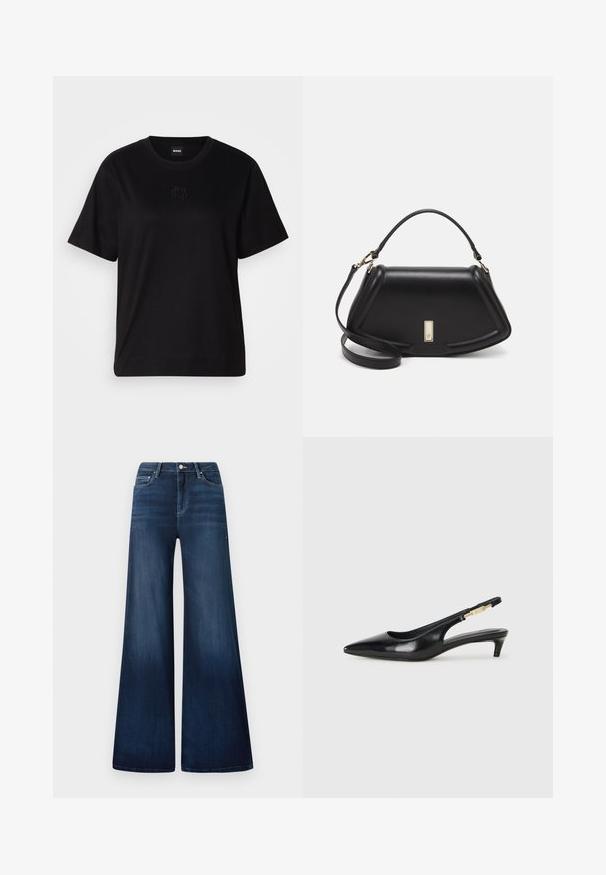 Svart bomull T-skjorte med rund hals, korte ermer og et brodert logo på brystet. Enkel, avslappet passform uten mønstre.; Mørkeblå vide jeans med høj talje, lavet af denim, med subtil falming, forlommer og en klassisk knaplukning.; Sorte lærreim hæler med spiss tå, som har en slank hæl og en gullfarget detalj på den justerbare stroppen. Glatt tekstur.; Sort lærveske med en strukturert design, som har en avkortet form, topphåndtak og detaljer i gull. Justerbar skulderstropp inkludert.