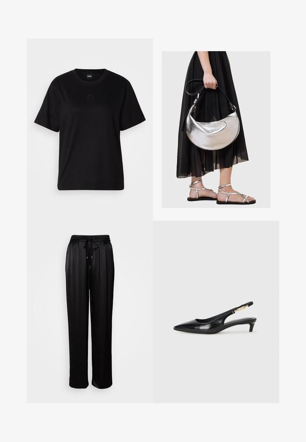 Svart bomull T-skjorte med rund hals, korte ermer og et brodert logo på brystet. Enkel, avslappet passform uten mønstre.; Svarte, avslappede bukser med elastisk midje og snor, vist mot en ensfarget hvit bakgrunn.; Sorte lærreim hæler med spiss tå, som har en slank hæl og en gullfarget detalj på den justerbare stroppen. Glatt tekstur.; Metallisk sølv lærveske med en buet, halvmåneform og svart stropp. Båret med et svart, gjennomsiktig, flytende skjørt og sølvsandaler.