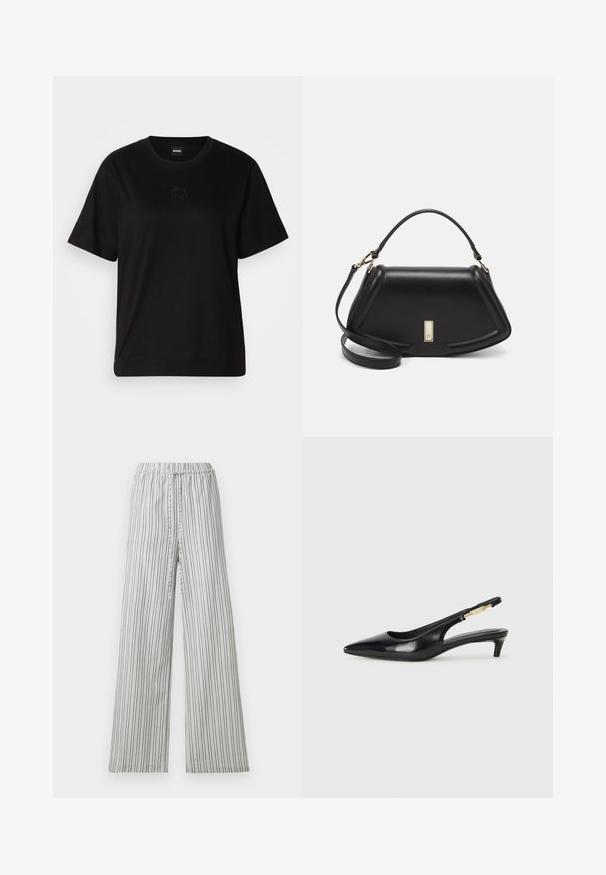 Black cotton t-shirt with a crew neckline, short sleeves, and an embroidered logo on the chest. Simple, relaxed fit with no patterns.; Lightweight, wide-leg pants with an elastic waistband. Vertical gray and white stripes, soft fabric, and relaxed fit. No pockets or hardware.; Black leather slingback heels with a pointed toe, featuring a slim heel and a gold-tone accent on the adjustable strap. Smooth texture.; Black leather handbag with a structured design, featuring a cropped shape, top handle, and gold hardware accent. Adjustable shoulder strap included.