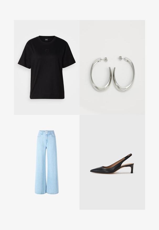 Melna kokvilnas T-krekls ar apaļu izgriezumu, īsām piedurknēm un izšūtu logotipu uz krūtīm. Vienkāršs, brīvs piegriezums bez rakstiem.; Gai zila plata kāju džinsu bikses ar augstu jostasvietu, priekšējiem kabatām un vienu pogu aizdari. Viegla tekstūra ar vienmērīgu mazgāšanu.; Melnas ādas siksnas un papēža kurpes ar vērstu purngalu, zemu papēdi un gludu tekstūru. Aprīkotas ar plānu regulējamu siksniņu drošai piegulšanai.; Sudraba riņķveida auskari ar gludu, izliekta dizaina formu. Iezīmējas ar spīdīgu metāla apdari un pievienojamu aizdari. Nav redzamu rakstu vai akcentu.