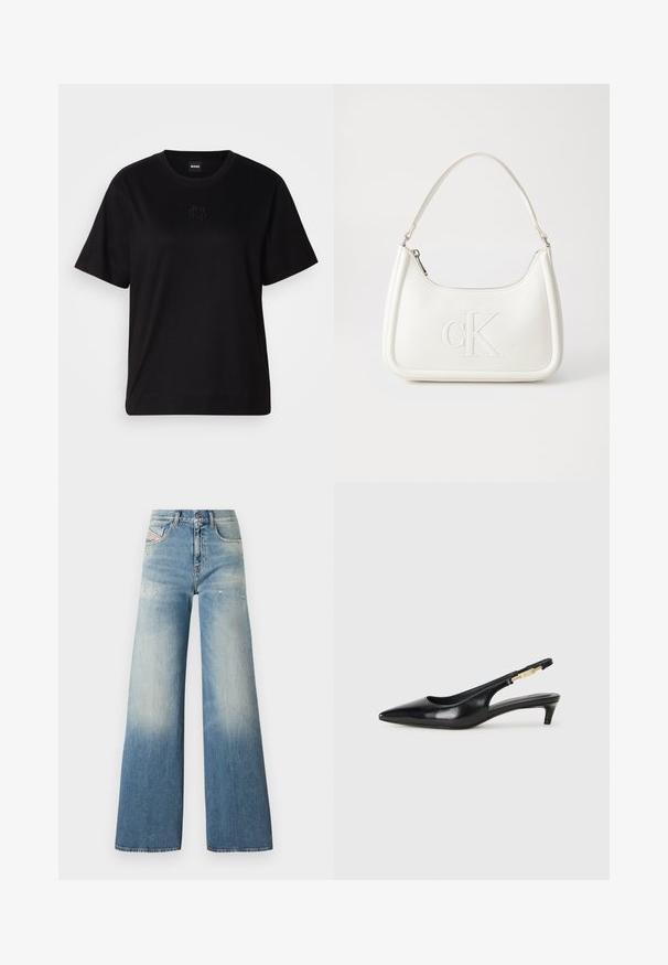 Fekete pamut póló kerek nyakkivágással, rövid ujjakkal és hímzett logóval a mellkasán. Egyszerű, laza szabás, minta nélkül.; Világoskék farmer széles szárú nadrág, elhalványult gradiens hatással, kopott részletekkel a zsebek közelében, valamint klasszikus ött zsebes kivitelben.; Fekete bőr slingback magassarkúk, hegyes orral, vékony sarkakkal és arany színű részlettel a állítható pánton. Simа felület.; Fehér bőrtáska ívelt formájú, elöl feltűnő "CK" logóval, egyetlen vállpánttal. Cipzáras zárás a tetején.