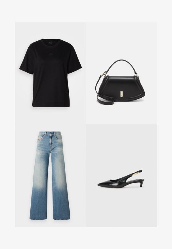 Black cotton t-shirt with a crew neckline, short sleeves, and an embroidered logo on the chest. Simple, relaxed fit with no patterns.; Light blue denim wide-leg jeans with a faded gradient effect, distressed details near the pockets, and a classic five-pocket design.; Black leather slingback heels with a pointed toe, featuring a slim heel and a gold-tone accent on the adjustable strap. Smooth texture.; Black leather handbag with a structured design, featuring a cropped shape, top handle, and gold hardware accent. Adjustable shoulder strap included.