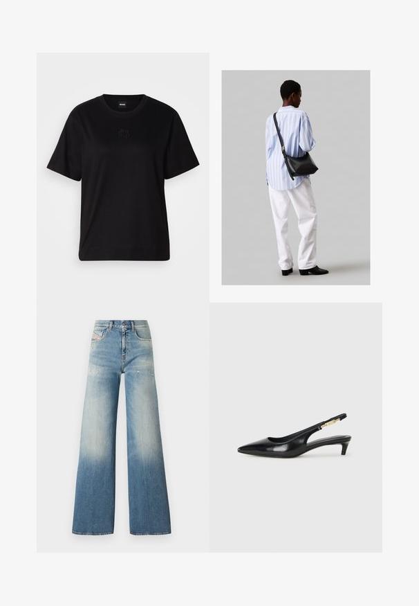 Svart bomull T-skjorte med rund hals, korte ermer og et brodert logo på brystet. Enkel, avslappet passform uten mønstre.; Lys blå denim bukser med vidde, med en falmet gradienteffekt, slitte detaljer nær lommene og et klassisk fem-lomme design.; Sorte lærreim hæler med spiss tå, som har en slank hæl og en gullfarget detalj på den justerbare stroppen. Glatt tekstur.; Svart lær skulderveske med en myk tekstur, trekantet form og justerbar stropp, kombinert med en lyseblå stripete skjorte og hvite bukser.