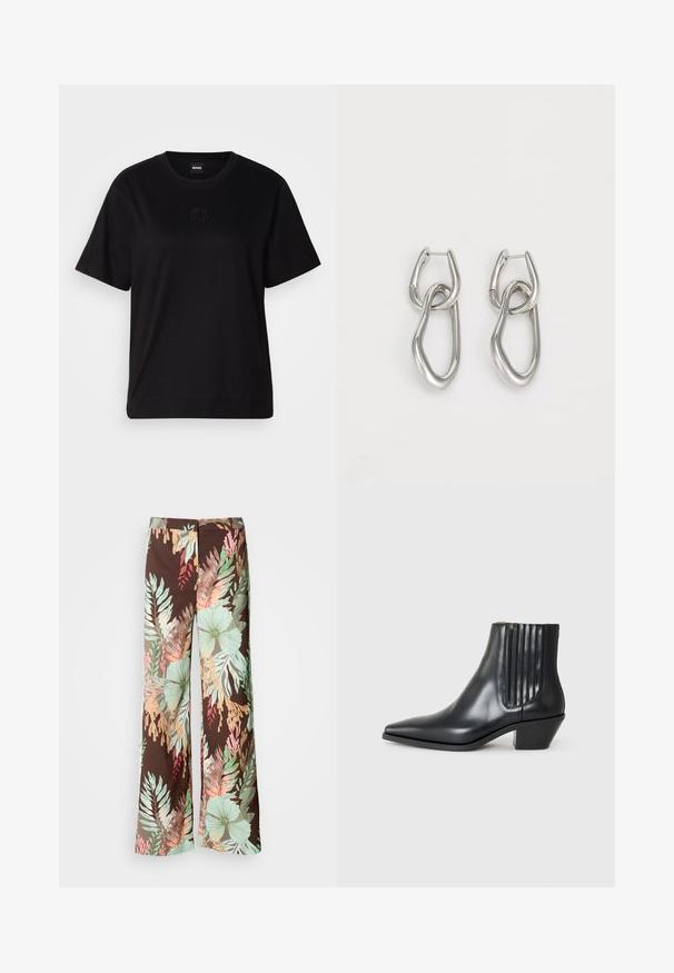 Juodas medvilninis marškinėliai su apvalia iškirpte, trumpomis rankovėmis ir siuvinėjimu ant krūtinės. Paprastas, laisvas siluetas be raštų.; Platus kojų kelnės, pagamintos iš tamsiai rudos medžiagos su ryškiu gėlių ir lapų raštu žaliais, raudonais ir persikų atspalviais. Minkšta, lengva medžiaga.; Juodas odinis aukšto bato konstrukcijos batas su smailiu nose, elastingais šoniniais paneleis su vertikaliomis grioveliais ir žemu blokuota pakulne. Lygi tekstūra ir elegantiškas dizainas.; Calvin Klein STATEMENT LINKS - Auskarai - silver-coloured
