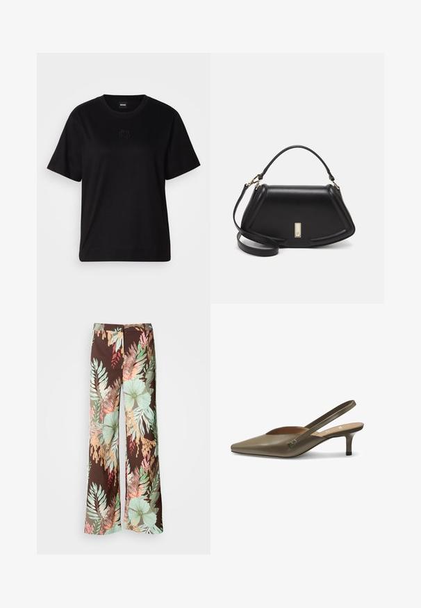 Sort bomulds t-shirt med rund halsudskæring, korte ærmer og et broderet logo på brystet. Enkel, afslappet pasform uden mønstre.; Bredde ben bukser i en mørkebrun stof med et livligt blomstermotiv og blade i nuancer af grøn, rød og fersken. Blødt, let materiale.; Slingback hæl i olivengrøn, blankt syntetisk materiale, spids tå design, lav stakket hæl, og metal accent nær ankelstroppen.; Sort læderhåndtaske med en struktureret design, der har en kortet form, tophåndtag og guld hardware-accenter. Justerbar skulderrem inkluderet.