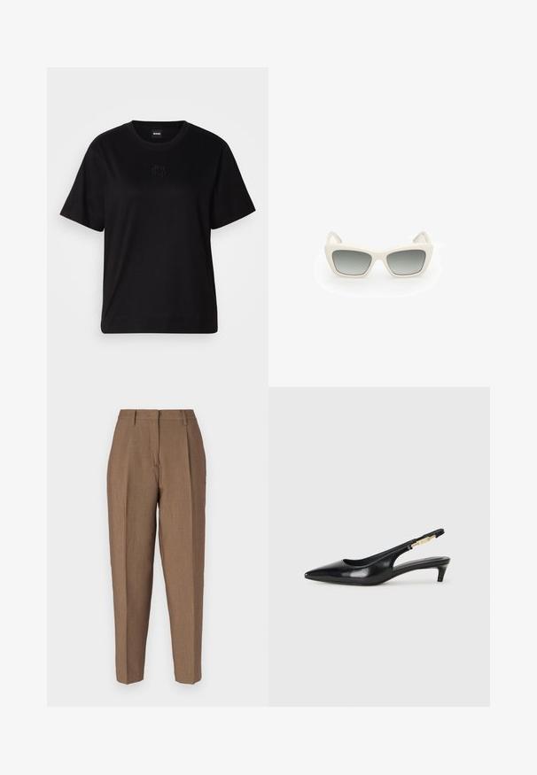 Czarny bawełniany t-shirt z okrągłym dekoltem, krótkimi rękawami i haftowanym logo na piersi. Prosty, luźny krój bez wzorów.; Brązowe dopasowane spodnie z teksturowanym splotem, charakteryzujące się wysokim stanem, fałdami z przodu i prostą nogawką. Brak widocznych elementów metalowych i kieszeni.; Czarne skórzane szpilki typu slingback z ostrym noskiem, posiadające smukły obcas i złoty akcent na regulowanym pasku. Gładka tekstura.; Okulary przeciwsłoneczne w kocim kształcie, z białą plastikową oprawką, szarymi gradientowymi soczewkami i cienkimi zausznikami z delikatnym detalem brandingowym.