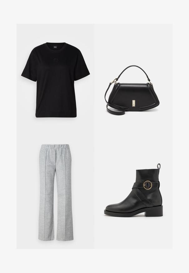Black cotton t-shirt with a crew neckline, short sleeves, and an embroidered logo on the chest. Simple, relaxed fit with no patterns.; Gray, wide-leg trousers made of textured fabric; features an elastic waistband and pleated front details. Clean, minimal design.; BOSS IRYNA BOOTIE - Platform ankle boots - black; Black leather handbag with a structured design, featuring a cropped shape, top handle, and gold hardware accent. Adjustable shoulder strap included.
