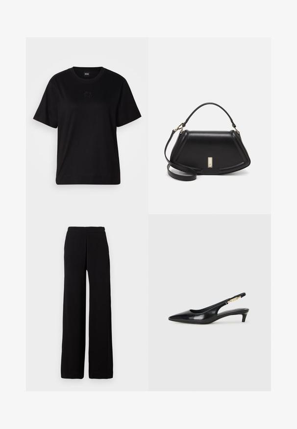 Crna pamučna majica s okruglim izrezom, kratkim rukavima i izvezenim logotipom na prsima. Jednostavan, opušten kroj bez uzorka.; Crne široke hlače s elastičnim pojasom, izrađene od glatkog materijala, prikazane na jednostavnoj svijetloj pozadini.; Crne kožne sandale s petom, s izduženim vrhom, imaju usku petu i zlatni akcent na podesivoj traci. Glatka tekstura.; Crna kožna torba s strukturiranim dizajnom, s krojenim oblikom, gornjom drškom i zlatnim detaljima. Uključena je podesiva ramena traka.