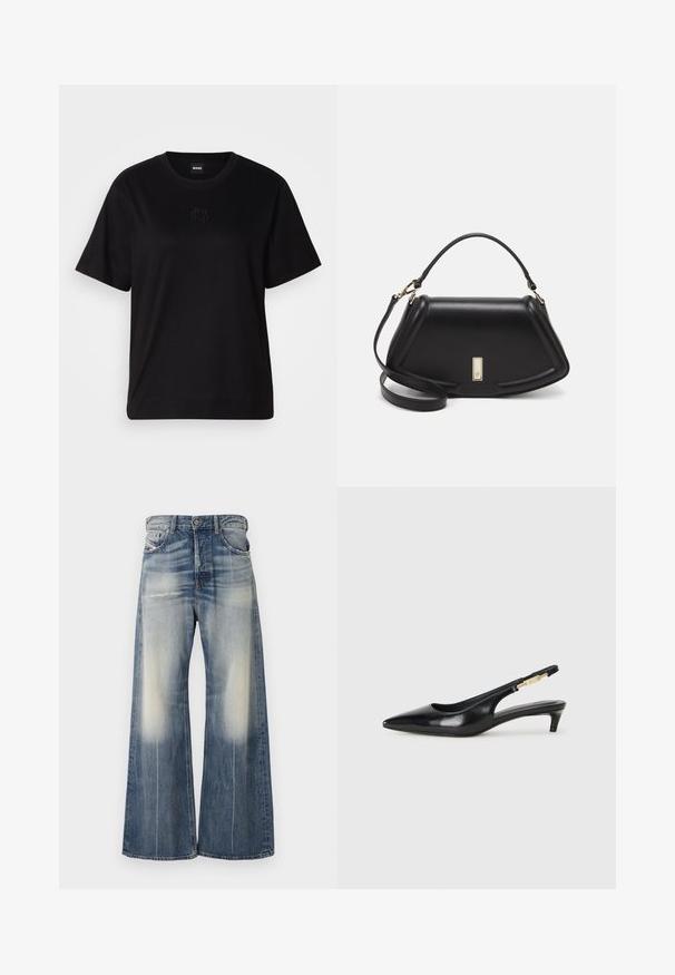 Černé bavlněné tričko s kulatým výstřihem, krátkými rukávy a vyšitým logem na hrudi. Jednoduchý, volný střih bez vzorů.; Džínsy s širokými nohavicemi v bledě modrém denimovém odstínu s efektem natrhnutí, mírnými poškozeními a rovnou siluetou. Mají klasické zapínání na knoflík a kapsy.; Černé kožené boty na podpatku s otevřenou patou a špičatou špičkou, s tenkým podpatkem a zlatým akcentem na nastavitelném pásku. Hladký povrch.; Černá kožená kabelka se strukturovaným designem, jejíž tvar je zkrácený, má horní rukojeť a zlaté kovové detaily. Součástí je i nastavitelný ramenní popruh.