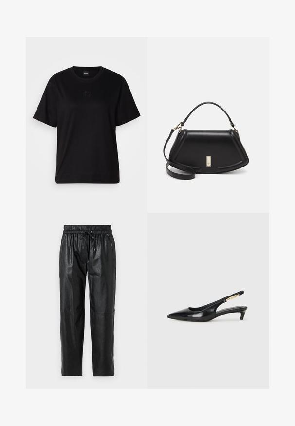 T-shirt en coton noir avec un col rond, des manches courtes et un logo brodé sur la poitrine. Coupe simple et décontractée sans motifs.; Pantalons en cuir noir avec une taille élastique, fermeture à cordon de serrage et texture lisse. Présente une coupe décontractée et un design de jambe fuselée.; Talons hauts en cuir noir avec un bout pointu, dotés d'un talon fin et d'un accent en ton or sur la lanière réglable. Texture lisse.; Sac à main en cuir noir avec un design structuré, featuring une forme cropped, une poignée supérieure et des accents en matériel doré. Bandoulière réglable incluse.