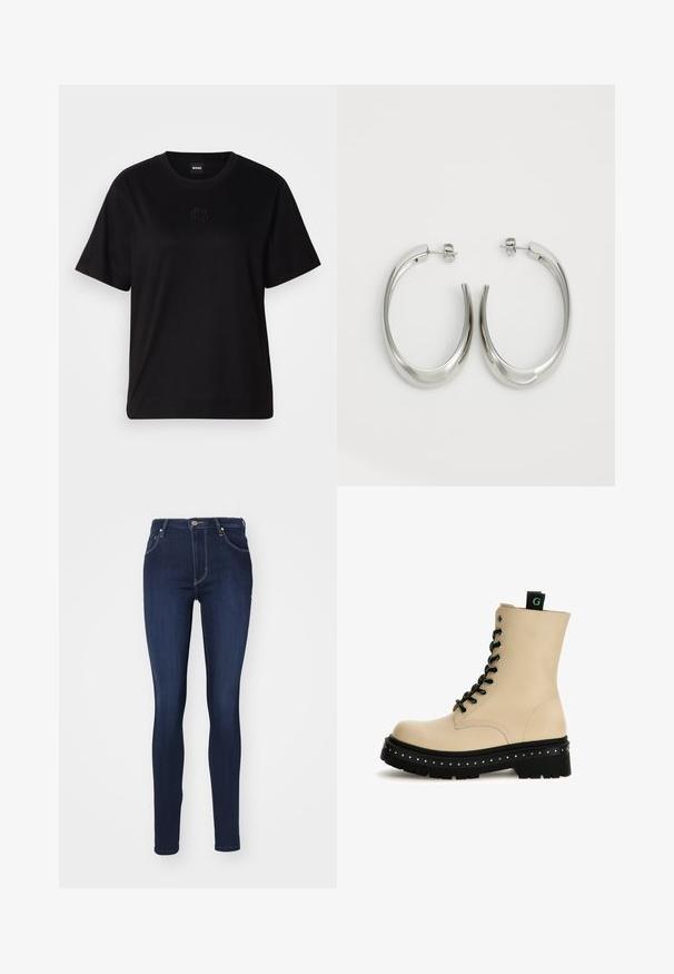Fekete pamut póló kerek nyakkivágással, rövid ujjakkal és hímzett logóval a mellkasán. Egyszerű, laza szabás, minta nélkül.; Fekete farmer skinny nadrág, magas derekú dizájn, öt zseb, cipzáras és gombos záródás, kontrasztos varrás és minimális márkázás.; Beige bőrből készült bokacsizma zöld fűzőkkel, párnázott gallérral és fekete platform talppal, melynek szélén ezüst szegecsek találhatók.; Ezüst karika fülbevalók sima, ívelt formával. Fényes fémes felülettel és tűs zárral rendelkeznek. Nincsenek látható minták vagy kiegészítők.