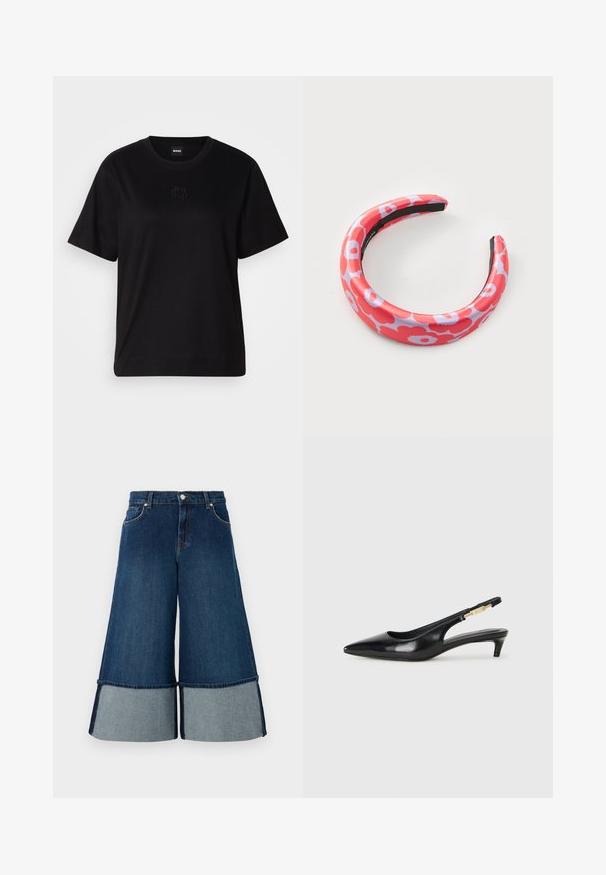 Svart bomull T-skjorte med rund hals, korte ermer og et brodert logo på brystet. Enkel, avslappet passform uten mønstre.; Denim culotter med en mørk blå vask og kontrastfarget lyseblå kant, bred ben design og tradisjonell fem-lommer styling.; Sorte lærreim hæler med spiss tå, som har en slank hæl og en gullfarget detalj på den justerbare stroppen. Glatt tekstur.; Rød og rosa mønstret hodebånd med glatt finish og blomsterdesign. Har et fleksibelt materiale og en glanset tekstur.