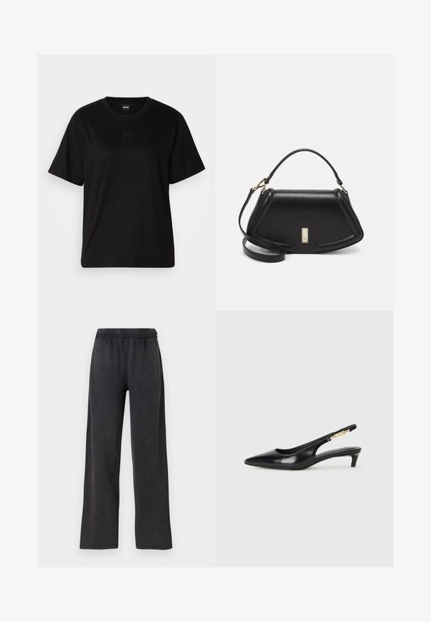 Black cotton t-shirt with a crew neckline, short sleeves, and an embroidered logo on the chest. Simple, relaxed fit with no patterns.; Black, wide-leg pants with an elastic waistband, made of soft fabric. Smooth texture with a loose fit and no visible pockets or hardware.; Black leather slingback heels with a pointed toe, featuring a slim heel and a gold-tone accent on the adjustable strap. Smooth texture.; Black leather handbag with a structured design, featuring a cropped shape, top handle, and gold hardware accent. Adjustable shoulder strap included.