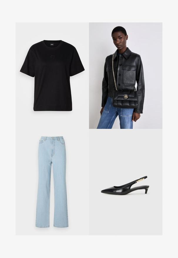 Zwarte katoenen t-shirt met een ronde hals, korte mouwen en een geborduurd logo op de borst. Eenvoudige, comfortabele pasvorm zonder patronen.; Lichtblauwe denim high-waisted jeans met een relaxte pasvorm, brede pijpen en een klassiek vijfzakontwerp. Voorzien van een metalen knoop en rits sluiting.; Zwarte leren slingback hakken met een spitse neus, voorzien van een slanke hak en een goudkleurige accent op de verstelbare band. Gladde textuur.; Zwarte leren jack met knoopsluiting en twee voorzakken, gecombineerd met een zwarte gevoerde handtas met een gouden sluiting en kettingriem.