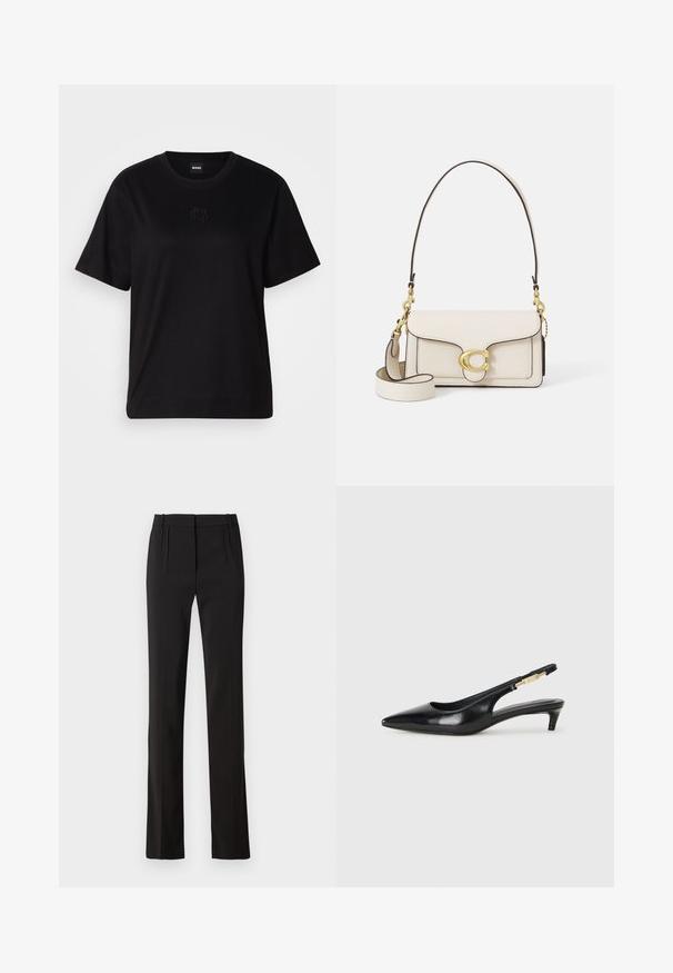 Juodas medvilninis marškinėliai su apvalia iškirpte, trumpomis rankovėmis ir siuvinėjimu ant krūtinės. Paprastas, laisvas siluetas be raštų.; Juodos pritaikytos kelnės su tiesiu pėdos dizainu, dviem priekinėmis klostėmis ir lygia audinio tekstūra. Nėra matomų kišenių ar metalinių detalių.; Juodas odinis pavasario batelių modelis su smailiu nosiu, turintis siaurą kulniuką ir auksinės spalvos akcentu reguliuojamoje juostoje. Lygi tekstūra.; Kreminės odos rankinė su struktūrizuotu dizainu, kontrastingais juodais kraštais, auksinėmis detalėmis ir nuimamu dirželiu, puošiančiu firminį logotipą.