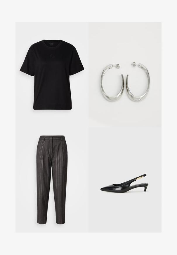 Juodas medvilninis marškinėliai su apvalia iškirpte, trumpomis rankovėmis ir siuvinėjimu ant krūtinės. Paprastas, laisvas siluetas be raštų.; Tamsiai pilki pritaikyti kelnės su vertikaliomis baltomis juostelėmis, raukšlėtu priekiu ir siaurėjančiomis kojomis. Pagamintos iš lygios medžiagos su diržo kilpomis.; Juodas odinis pavasario batelių modelis su smailiu nosiu, turintis siaurą kulniuką ir auksinės spalvos akcentu reguliuojamoje juostoje. Lygi tekstūra.; Sidabriniai apvalūs auskarai su lygiu, išlenktu dizainu. Yra blizgus metalinis paviršius ir smeigtukų uždarymas. Nėra matomų raštų ar akcentų.