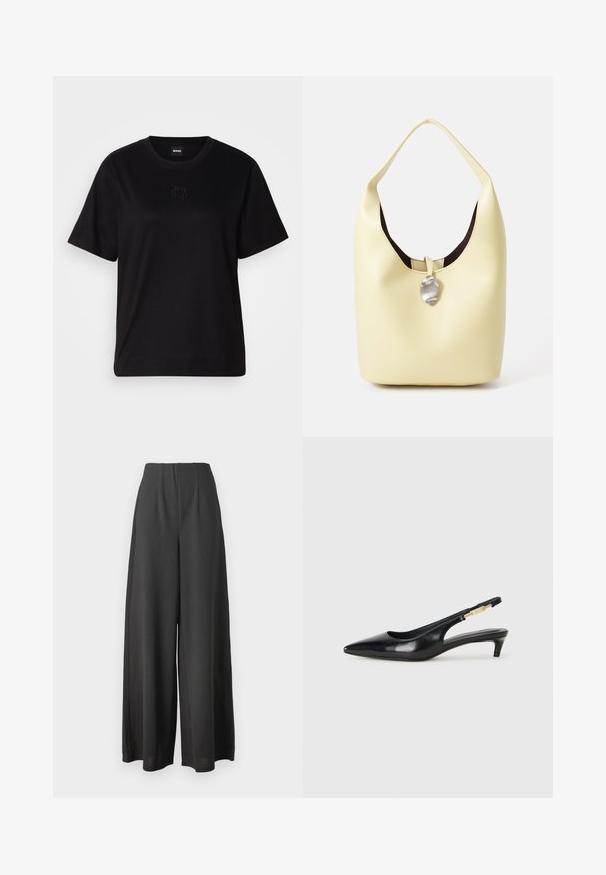 Črna bombažna majica s krožnim izrezom, kratkimi rokavi in izvezenim logotipom na prsih. Preprosta, sproščena silhueta brez vzorcev.; Črne široke hlače iz gladkega blaga, z visokim pasom in nabranim dizajnom, ki dodaja teksturo in dimenzijo.; Črne usnjene sandale na peto z ostro konico, ki imajo tanko peto in zlat ton na nastavljivem traku. Gladka tekstura.; Hobo torba iz mehkega rumenega usnja z zaobljeno obliko. Ima gladko površino, temno notranjost in srebrn poudarek na zapiranju.