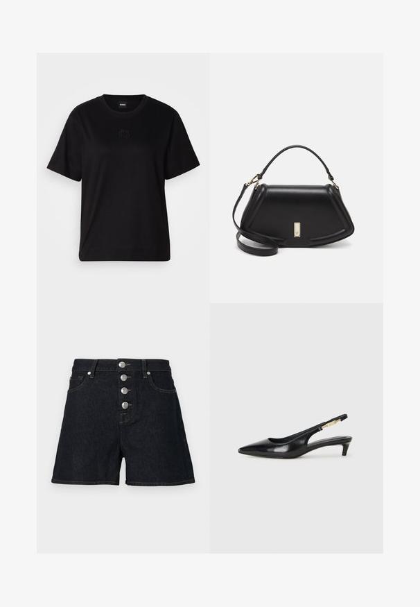 Camiseta de algodón negra con cuello redondo, mangas cortas y un logo bordado en el pecho. Ajuste simple y relajado sin patrones.; Shorts de mezclilla oscura con cintura alta, que cuentan con cinco botones plateados, dos bolsillos frontales y un dobladillo deshilachado. La tela tiene una textura suave.; Tacones negros de piel sintética tipo slingback con punta afilada, que cuentan con un tacón delgado y un detalle en tono dorado en la correa ajustable. Textura suave.; Bolso de mano de cuero negro con un diseño estructurado, que presenta una forma recortada, asa superior y acentos en dorado. Correa de hombro ajustable incluida.