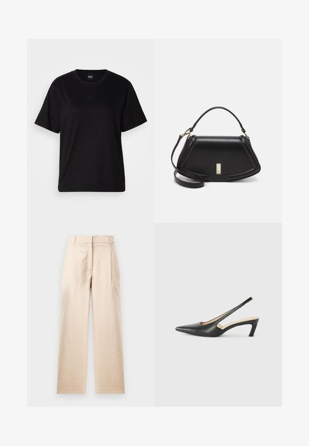 Svart bomullströja med rund halsringning, korta ärmar och en broderad logotyp på bröstet. Enkel, avslappnad passform utan mönster.; Beige byxor tillverkade av ett slätt tyg. Har rak passform, flat front och två nålstick. Inga synliga mönster eller hårdvara.; Svart spetsig slingback-sko med låg klack, som har ett slätt lädermaterial och utskärningsdesign på sidan för andningsförmåga.; Svart läderhandväska med en strukturerad design, som har en avskuren form, ett handtag upptill och guldiga detaljer. Justerbar axelrem ingår.