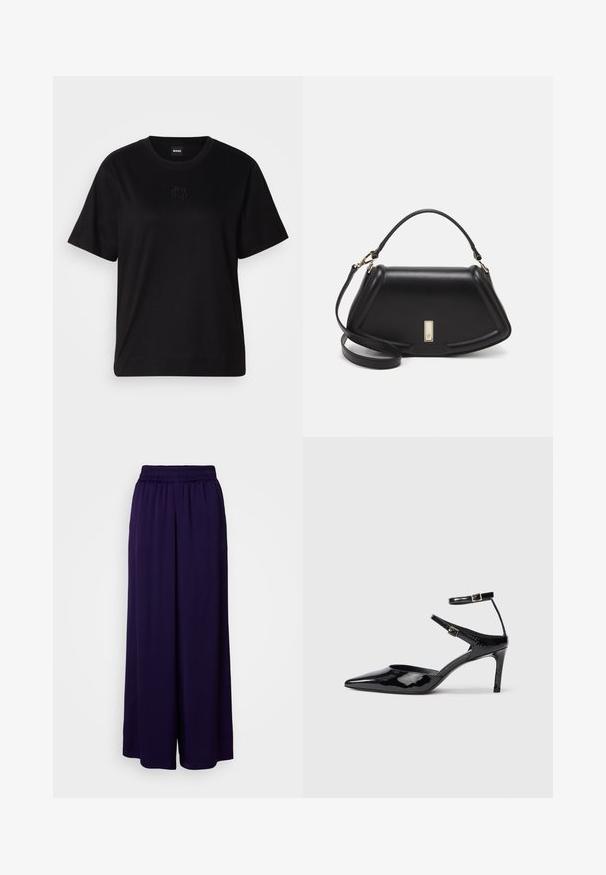 Svart bomullströja med rund halsringning, korta ärmar och en broderad logotyp på bröstet. Enkel, avslappnad passform utan mönster.; Lila, vida byxor med elastisk midja. Mjuk tyg med en slät yta. Golvlång design, lämplig för vardagsbruk.; Svarta lackskinnshälar med spetsig tå, justerbara ankelremmar och en smal klack. Slät textur med en glänsande yta.; Svart läderhandväska med en strukturerad design, som har en avskuren form, ett handtag upptill och guldiga detaljer. Justerbar axelrem ingår.