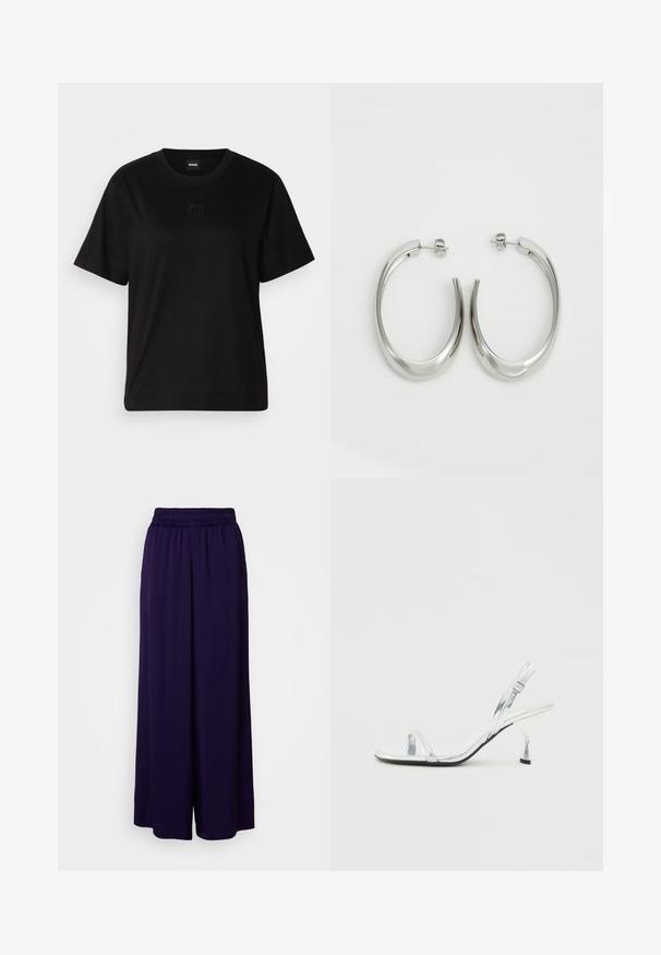 Svart bomull T-skjorte med rund hals, korte ermer og et brodert logo på brystet. Enkel, avslappet passform uten mønstre.; Lilla, vide bukser med elastisk linning. Blødt stof med en glat tekstur. Gulvlængde design, velegnet til afslappet brug.; Sølv patentlær slingback høyhælt sandal med en smal tårem, justerbar spenne og en slank hæl.; Sølvøreringer med en jevn, buet design. Har en blank metallisk finish og en studlås. Ingen synlige mønstre eller aksenter.