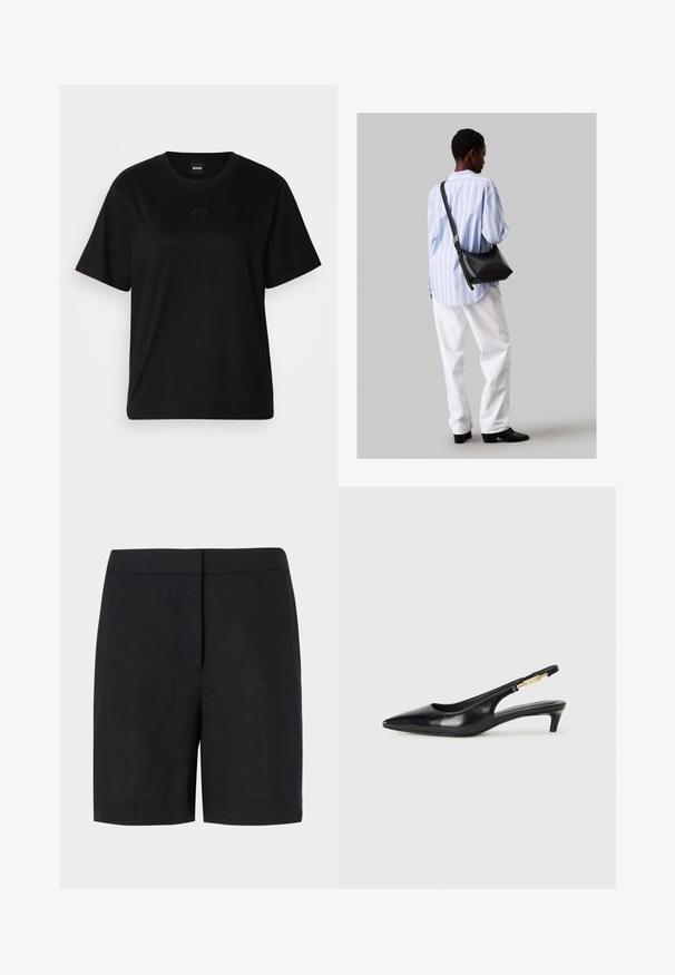 Čierne bavlnené tričko s okrúhlym výstrihom, krátkymi rukávmi a vyšívaným logom na hrudi. Jednoduchý, voľný strih bez vzorov.; Čierne šortky z ľahkej tkaniny s klasickým rovnym strihom, minimalistickým dizajnom a bez viditeľných prvkov alebo vzorov.; Čierne kožené slingback opätky s špicatou špičkou, s úzkym opätkom a zlatým detailom na nastaviteľnom remienku. Hladká textúra.; Čierna kožená ramenná taška so mäkkou textúrou, trojuholníkovým tvarom a nastaviteľným popruhom, skombinovaná s svetlomodrou pruhovanou košeľou a bielymi nohavicami.