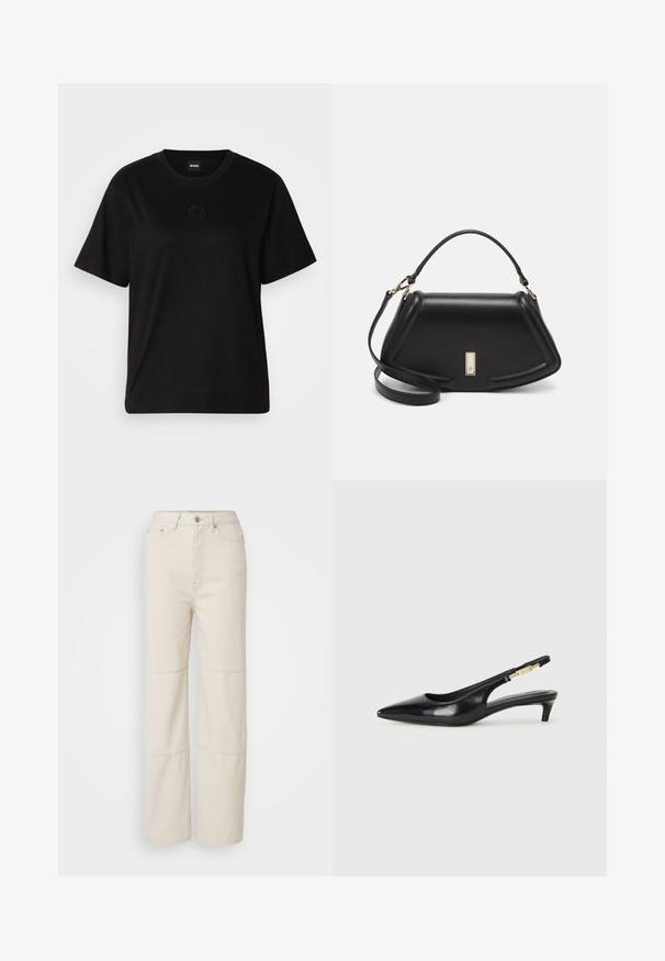 Black cotton t-shirt with a crew neckline, short sleeves, and an embroidered logo on the chest. Simple, relaxed fit with no patterns.; Light beige wide-leg jeans made of cotton. Features a high waist, front button closure, and two horizontal seam accents on the legs.; Black leather slingback heels with a pointed toe, featuring a slim heel and a gold-tone accent on the adjustable strap. Smooth texture.; Black leather handbag with a structured design, featuring a cropped shape, top handle, and gold hardware accent. Adjustable shoulder strap included.