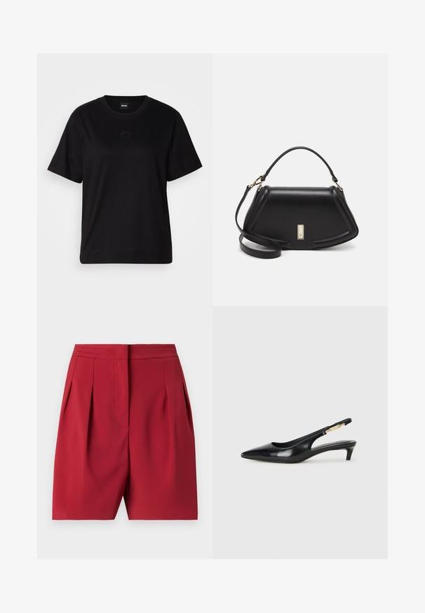 Svart bomull T-skjorte med rund hals, korte ermer og et brodert logo på brystet. Enkel, avslappet passform uten mønstre.; Røde skreddersydde shorts med folder, laget av glatt stoff. Har en strukturert midje og rene linjer, som gir en raffinert silhuett.; Sorte lærreim hæler med spiss tå, som har en slank hæl og en gullfarget detalj på den justerbare stroppen. Glatt tekstur.; Sort lærveske med en strukturert design, som har en avkortet form, topphåndtak og detaljer i gull. Justerbar skulderstropp inkludert.