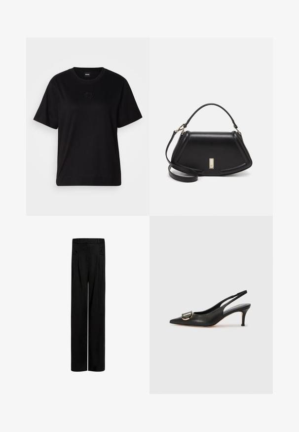 Czarny bawełniany t-shirt z okrągłym dekoltem, krótkimi rękawami i haftowanym logo na piersi. Prosty, luźny krój bez wzorów.; Czarne spodnie o szerokich nogawkach, wykonane z gładkiego materiału, z wysokim stanem, podwójnymi kieszeniami po bokach oraz plisami z przodu dla nadania struktury.; Czarne skórzane szpilki typu slingback z ostrym noskiem, złotym detalem z klamrą, smukłym obcasem i gładką teksturą. Minimalistyczny design, łatwy do zestawienia.; Czarna skórzana torebka o strukturalnym designie, z przyciętą formą, górnym uchwytem i złotymi akcentami. W zestawie regulowany pasek na ramię.