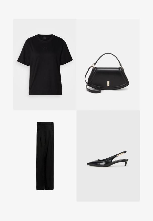 T-shirt en coton noir avec un col rond, des manches courtes et un logo brodé sur la poitrine. Coupe simple et décontractée sans motifs.; Pantalons larges noirs en tissu lisse, dotés d'une taille haute, de deux poches latérales et de détails plissés à l'avant pour plus de structure.; Talons hauts en cuir noir avec un bout pointu, dotés d'un talon fin et d'un accent en ton or sur la lanière réglable. Texture lisse.; Sac à main en cuir noir avec un design structuré, featuring une forme cropped, une poignée supérieure et des accents en matériel doré. Bandoulière réglable incluse.