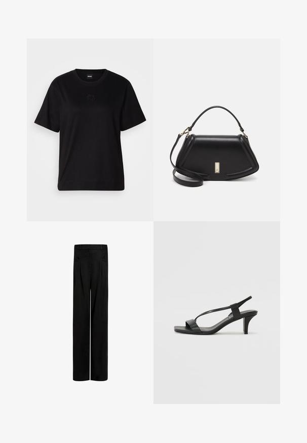 T-shirt en coton noir avec un col rond, des manches courtes et un logo brodé sur la poitrine. Coupe simple et décontractée sans motifs.; Pantalons larges noirs en tissu lisse, dotés d'une taille haute, de deux poches latérales et de détails plissés à l'avant pour plus de structure.; Sandales noires à talons avec un design de lanière mince, bout carré et un talon bloc de hauteur intermédiaire. Fabriquées en cuir lisse avec une finition mate.; Sac à main en cuir noir avec un design structuré, featuring une forme cropped, une poignée supérieure et des accents en matériel doré. Bandoulière réglable incluse.
