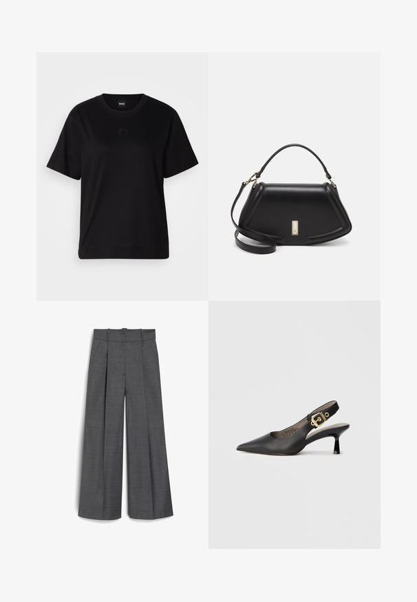 Zwarte katoenen t-shirt met een ronde hals, korte mouwen en een geborduurd logo op de borst. Eenvoudige, comfortabele pasvorm zonder patronen.; Grijze wijde broek gemaakt van textuurstof, met een hoge tailleband, twee voorplooien en een losse pasvorm.; Zwarte slingback hoge hak schoenen met een spitse neus, een gladde leren textuur en een gouden gespaccent op de band.; Zwarte leren handtas met een gestructureerd ontwerp, featuring een verkorte vorm, bovenhandvat en gouden hardwareaccent. Inclusief verstelbare schouderband.