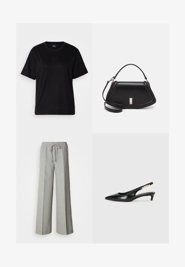 Black cotton t-shirt with a crew neckline, short sleeves, and an embroidered logo on the chest. Simple, relaxed fit with no patterns.; Light gray wide-leg trousers with elastic waistband and drawstring, front pockets, and a subtle textured fabric.; Black leather slingback heels with a pointed toe, featuring a slim heel and a gold-tone accent on the adjustable strap. Smooth texture.; Black leather handbag with a structured design, featuring a cropped shape, top handle, and gold hardware accent. Adjustable shoulder strap included.