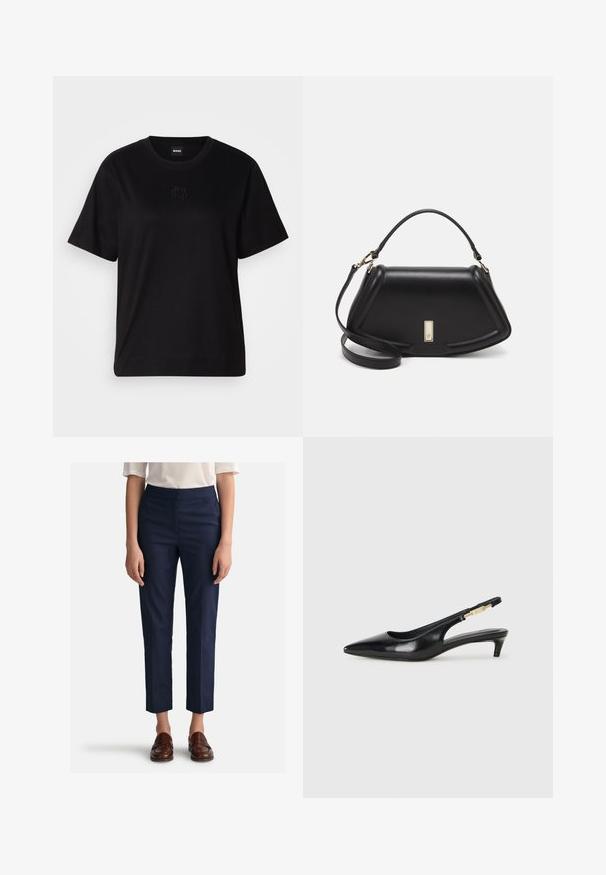 Melna kokvilnas T-krekls ar apaļu izgriezumu, īsām piedurknēm un izšūtu logotipu uz krūtīm. Vienkāršs, brīvs piegriezums bez rakstiem.; Jūras zila bikses ar taisnu griezumu, izgatavotas no gludas auduma, ar platu priekšpusi un sānu kabatām. Savai komplektācijai pievienoti brūni loafers.; Melnas ādas slingback zābaki ar smailu purngalu, ar šauru papēdi un zelta krāsas akcentu uz regulējama siksniņas. Gluda tekstūra.; Melnas ādas roku soma ar struktūru, ar īsu formu, augšējo rokturi un zelta aksesuāriem. Iekļauta regulējama plecu siksna.