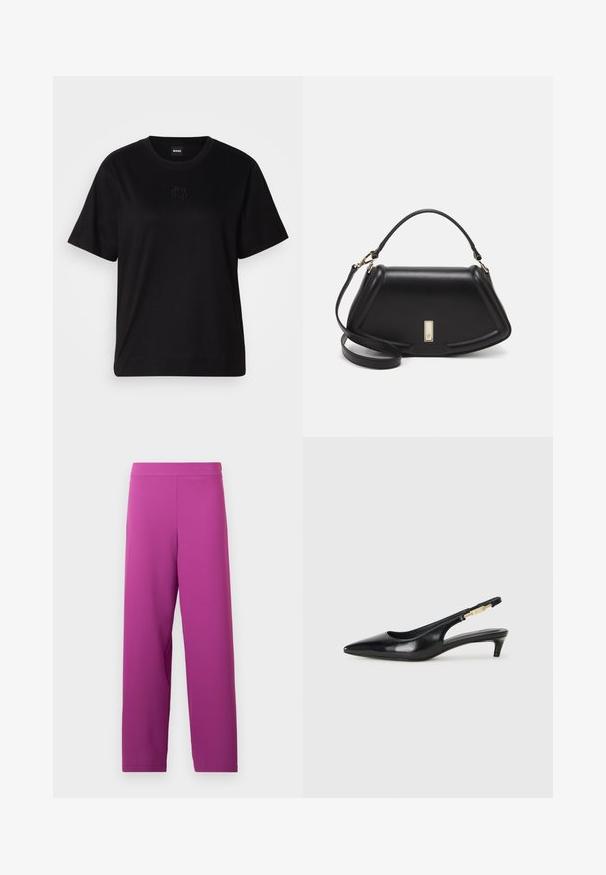 Camiseta de algodón negra con cuello redondo, mangas cortas y un logo bordado en el pecho. Ajuste simple y relajado sin patrones.; Pantalones de pierna ancha en color púrpura, confeccionados con una suave tela elástica. Presentan una cinturilla alta y ningún hardware o patrones visibles.; Tacones negros de piel sintética tipo slingback con punta afilada, que cuentan con un tacón delgado y un detalle en tono dorado en la correa ajustable. Textura suave.; Bolso de mano de cuero negro con un diseño estructurado, que presenta una forma recortada, asa superior y acentos en dorado. Correa de hombro ajustable incluida.