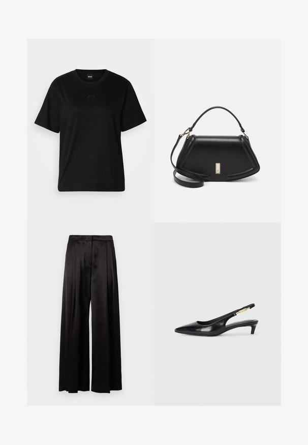 Czarny bawełniany t-shirt z okrągłym dekoltem, krótkimi rękawami i haftowanym logo na piersi. Prosty, luźny krój bez wzorów.; Czarne spodnie o szerokich nogawkach, wykonane z gładkiego satynowego materiału. Posiadają plisowany przód oraz wysoki stan z eleganckim wykończeniem. Brak widocznych kieszeni.; Czarne skórzane szpilki typu slingback z ostrym noskiem, posiadające smukły obcas i złoty akcent na regulowanym pasku. Gładka tekstura.; Czarna skórzana torebka o strukturalnym designie, z przyciętą formą, górnym uchwytem i złotymi akcentami. W zestawie regulowany pasek na ramię.